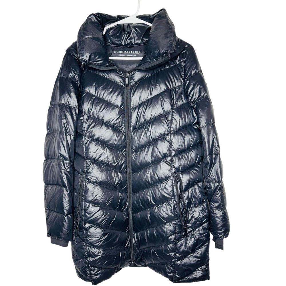 BCBGMaxazria Womens Black Packable Premium Down‎ Puffer Long Coat Sz L Shiny